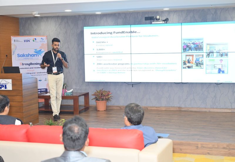 Speaker introducing FundEnable at the STPI Saksham session